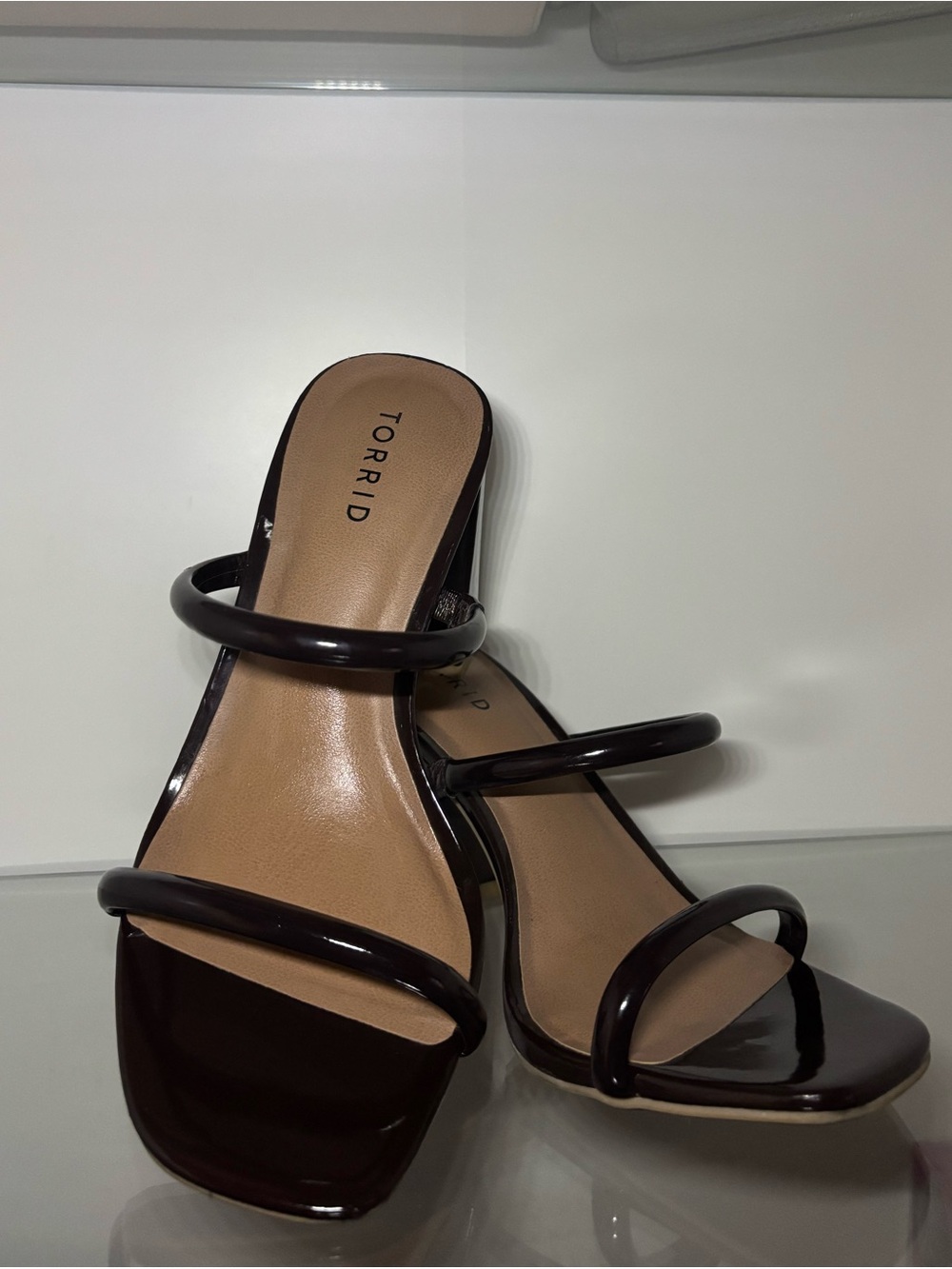 torrid Brown Triple-Strap Square-Toe Slide Heels